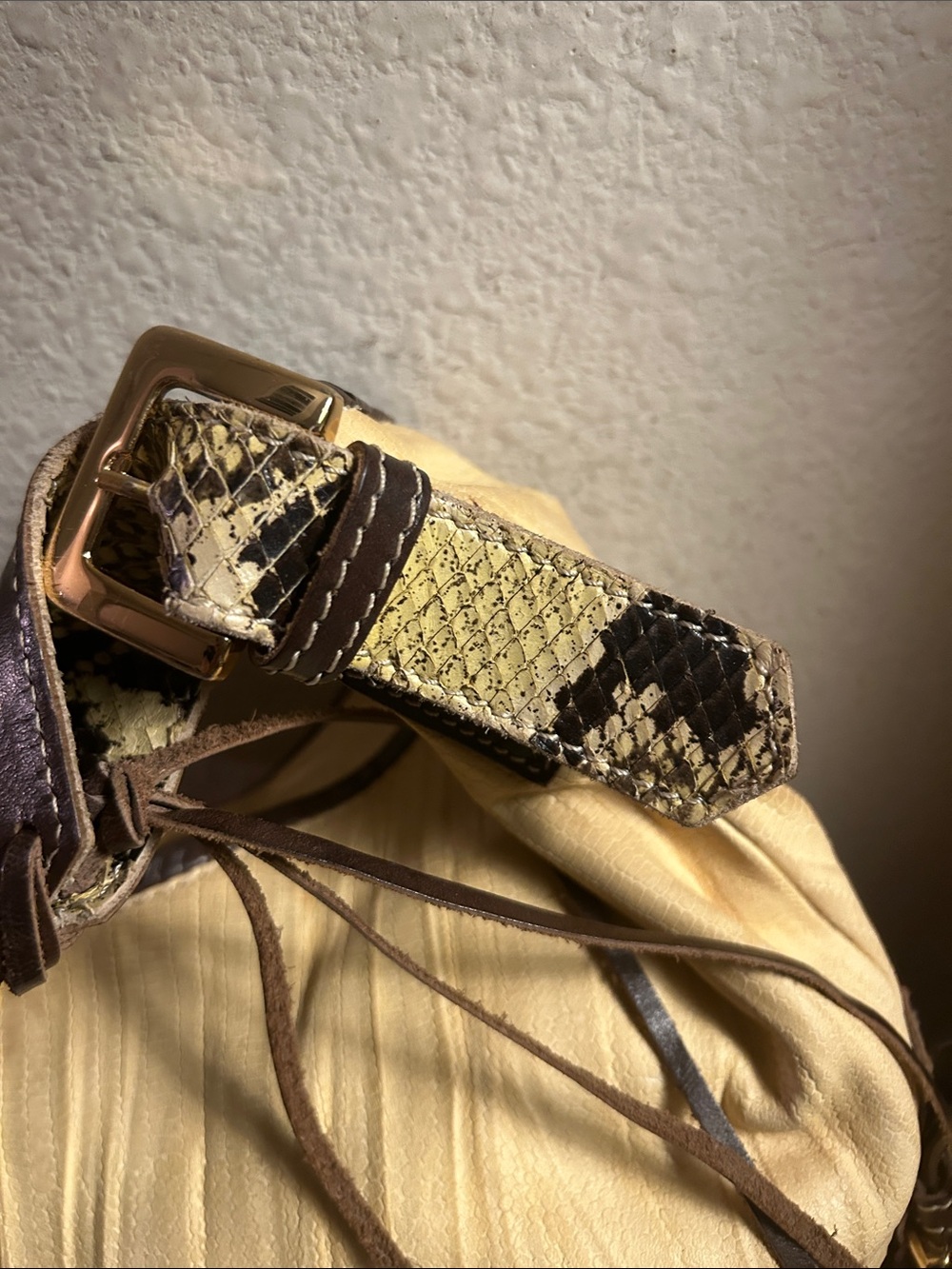 Soft Cream and Brown Shoulder Bag with Tassel Accent - Picture 2 of 9